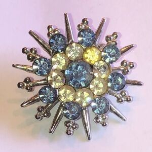 Elegant Vintage Silver Tone and Blue Rhinestone Starburst Brooch
